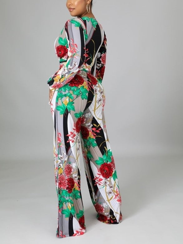 Floral Print Belted Wide Leg Jumpsuit