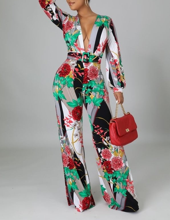 Floral Print Belted Wide Leg Jumpsuit