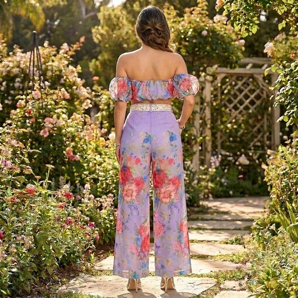 Floral Extravaganza - Off Shoulder Floral Print Pant Set