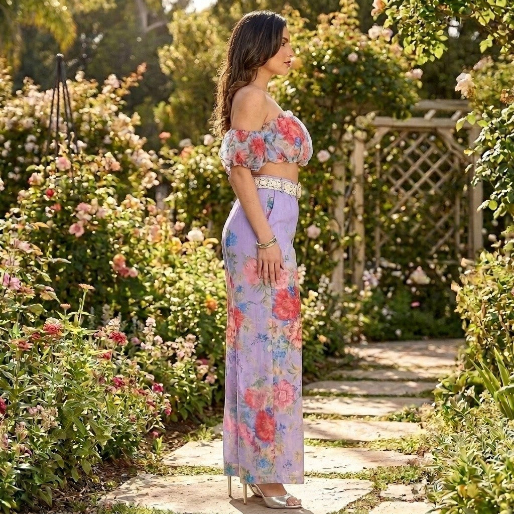Floral Extravaganza - Off Shoulder Floral Print Pant Set