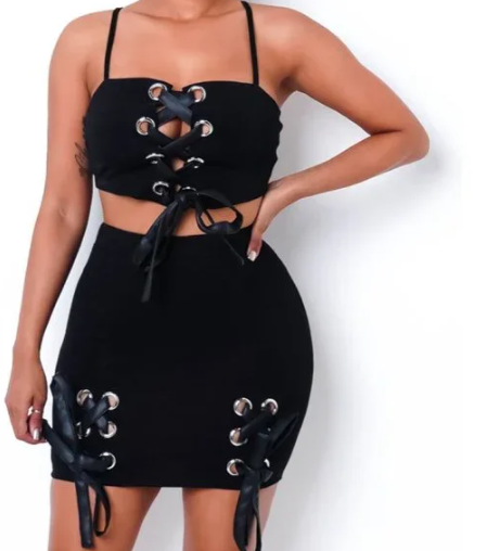 Front Lace Up Mini Skirt Set