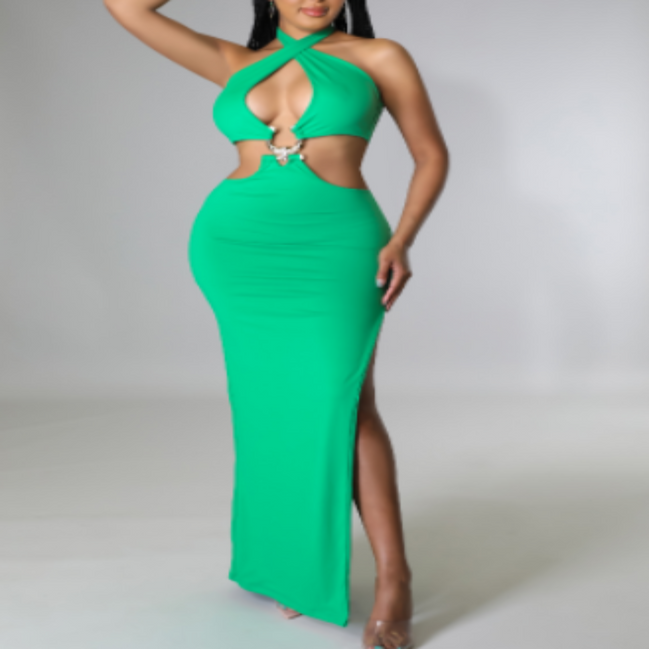 "Noches Glamorosas" - Vestido largo con aberturas y adorno de gancho dorado