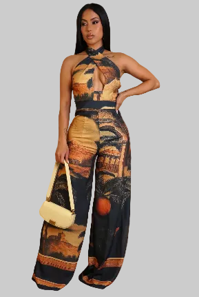 Golden Hour - Halter Multiprint Wide Leg Jumpsuit