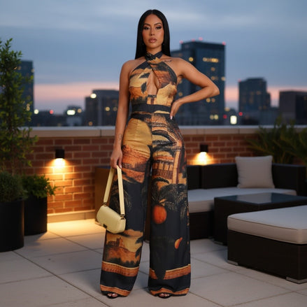 "Golden Hour" - Mono de pierna ancha con estampados múltiples y cuello halter