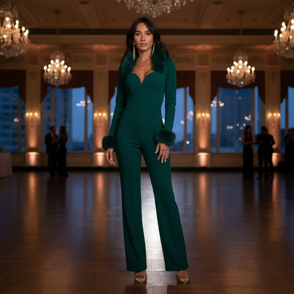 Faux Fur Embellished Bustier Cut Jumpsuit