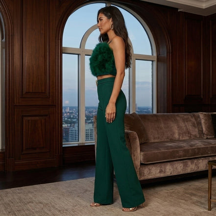 The Feather Luxe Collection - Feather Embellished Pant Set (Hunter Green)