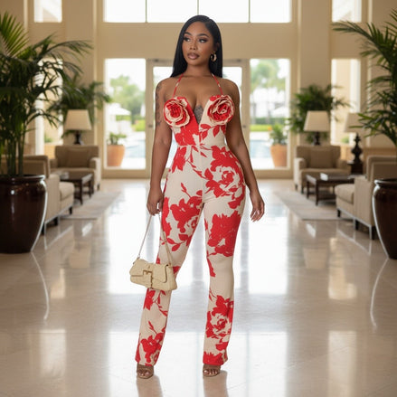 In Bloom - Floral Printed Jumpsuit With Floral Embellishments