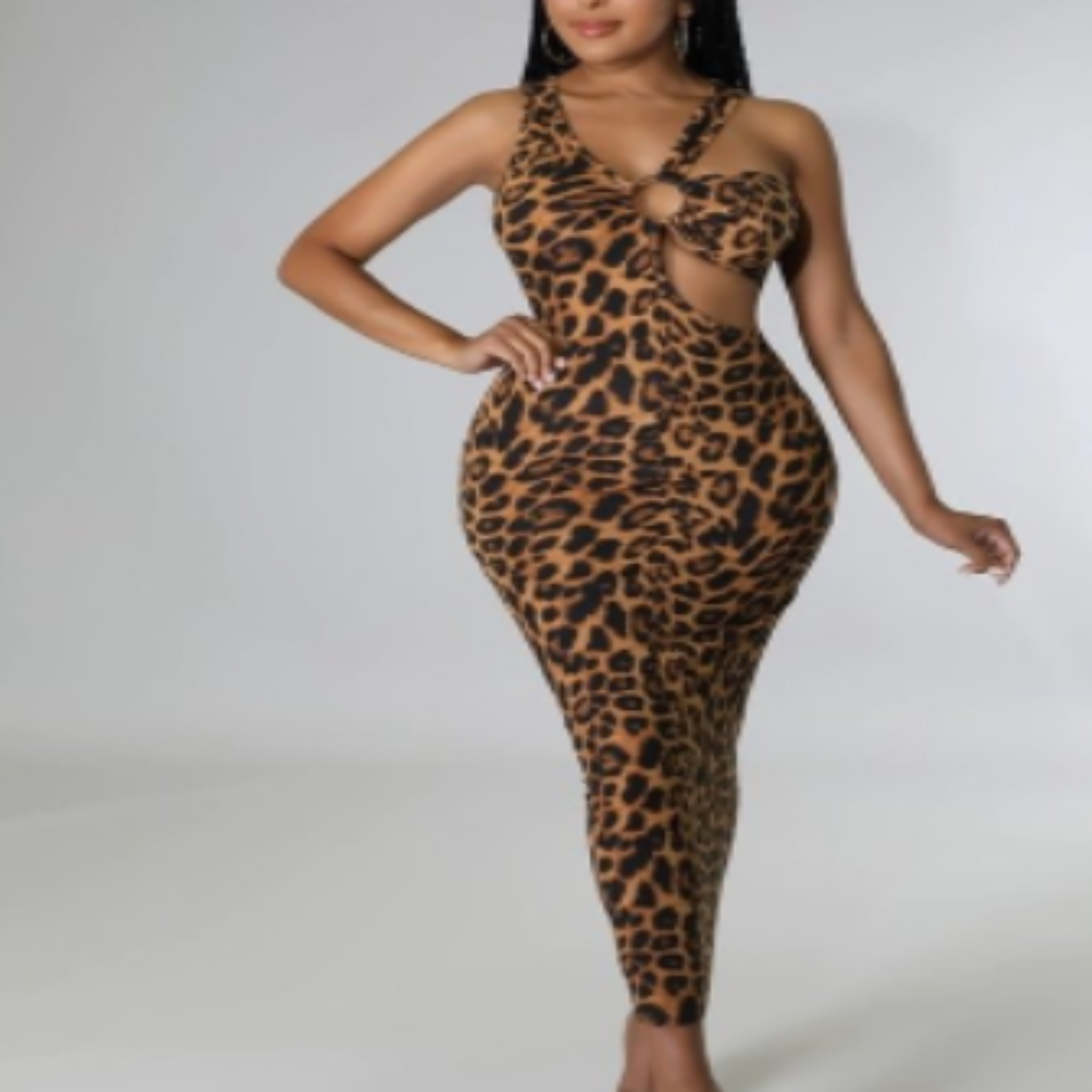 Robe midi imprimée léopard à découpes