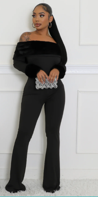 Let It Snow - Off Shoulder Faux Fur Embellished Jumpsuit