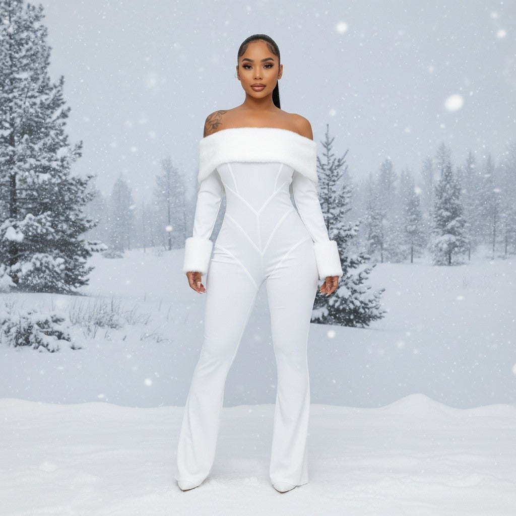 Let It Snow - Off Shoulder Faux Fur Embellished Jumpsuit