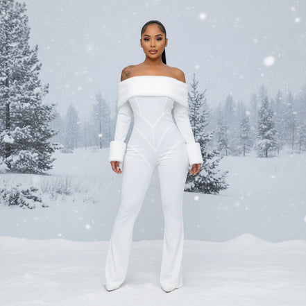 Let It Snow - Off Shoulder Faux Fur Embellished Jumpsuit