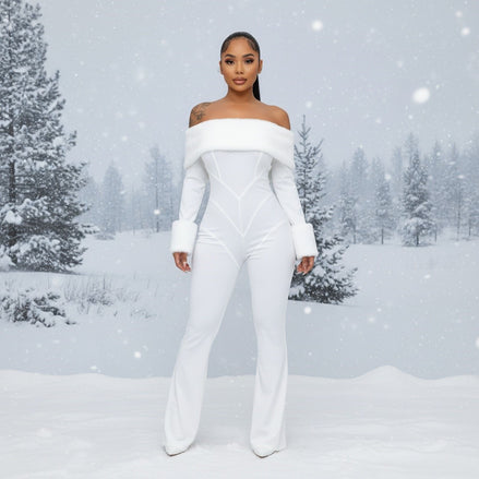 Let It Snow - Off Shoulder Faux Fur Embellished Jumpsuit