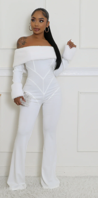 Let It Snow - Off Shoulder Faux Fur Embellished Jumpsuit