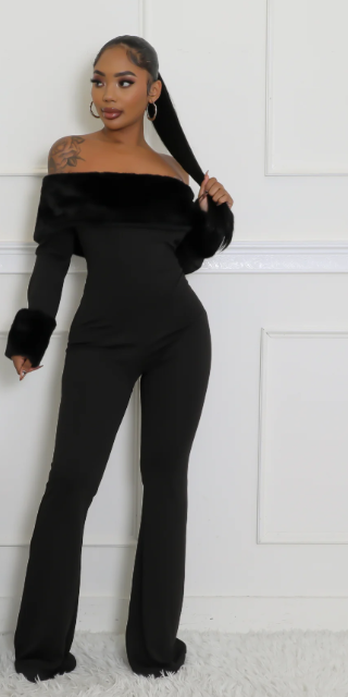 Let It Snow - Off Shoulder Faux Fur Embellished Jumpsuit