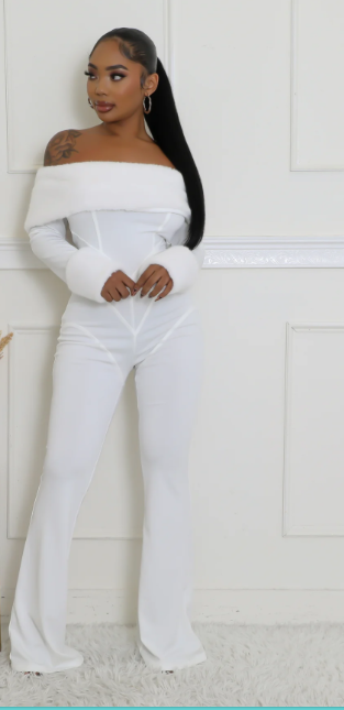 Let It Snow - Off Shoulder Faux Fur Embellished Jumpsuit