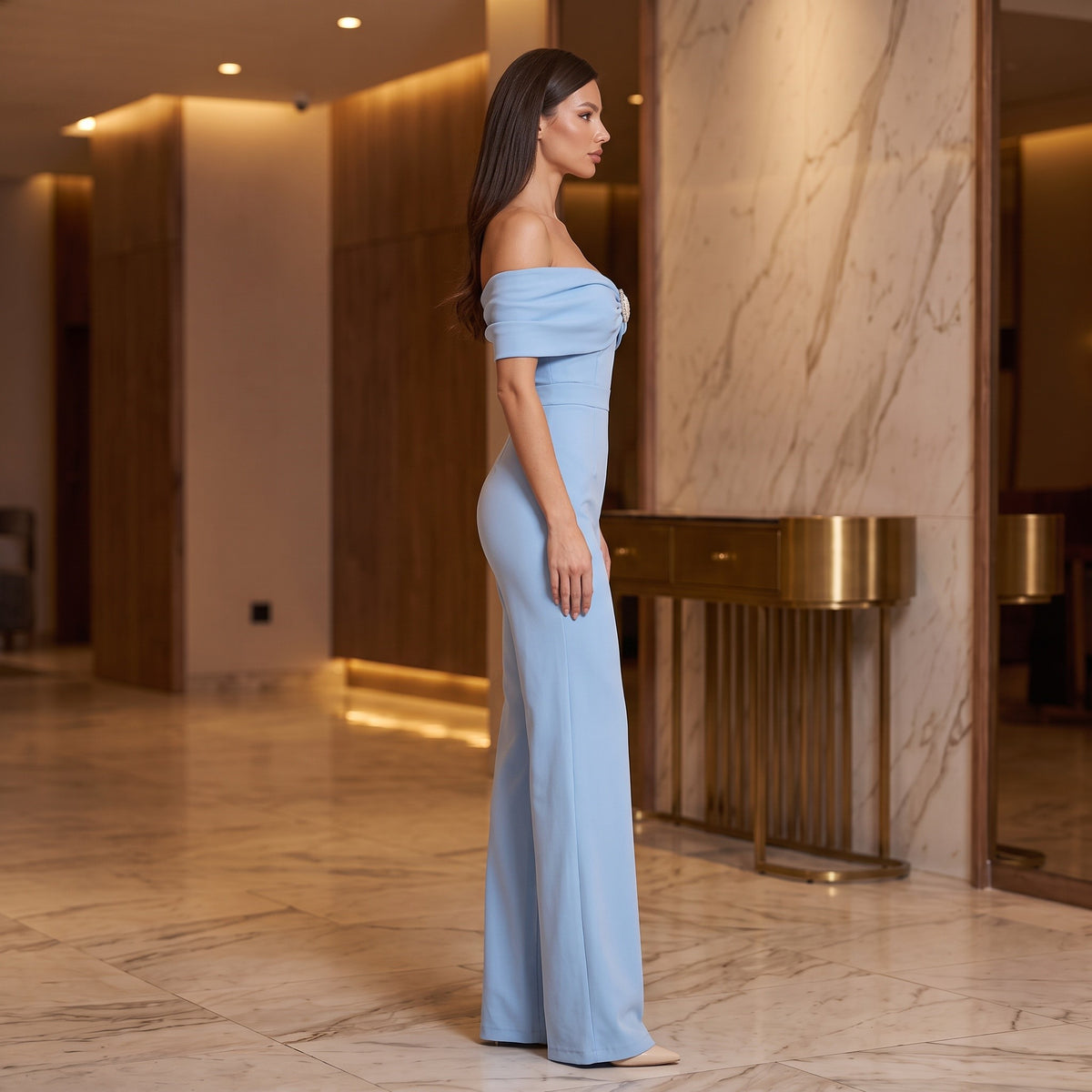 Off-Shoulder Rhinestone Embellished Brooch Jumpsuit