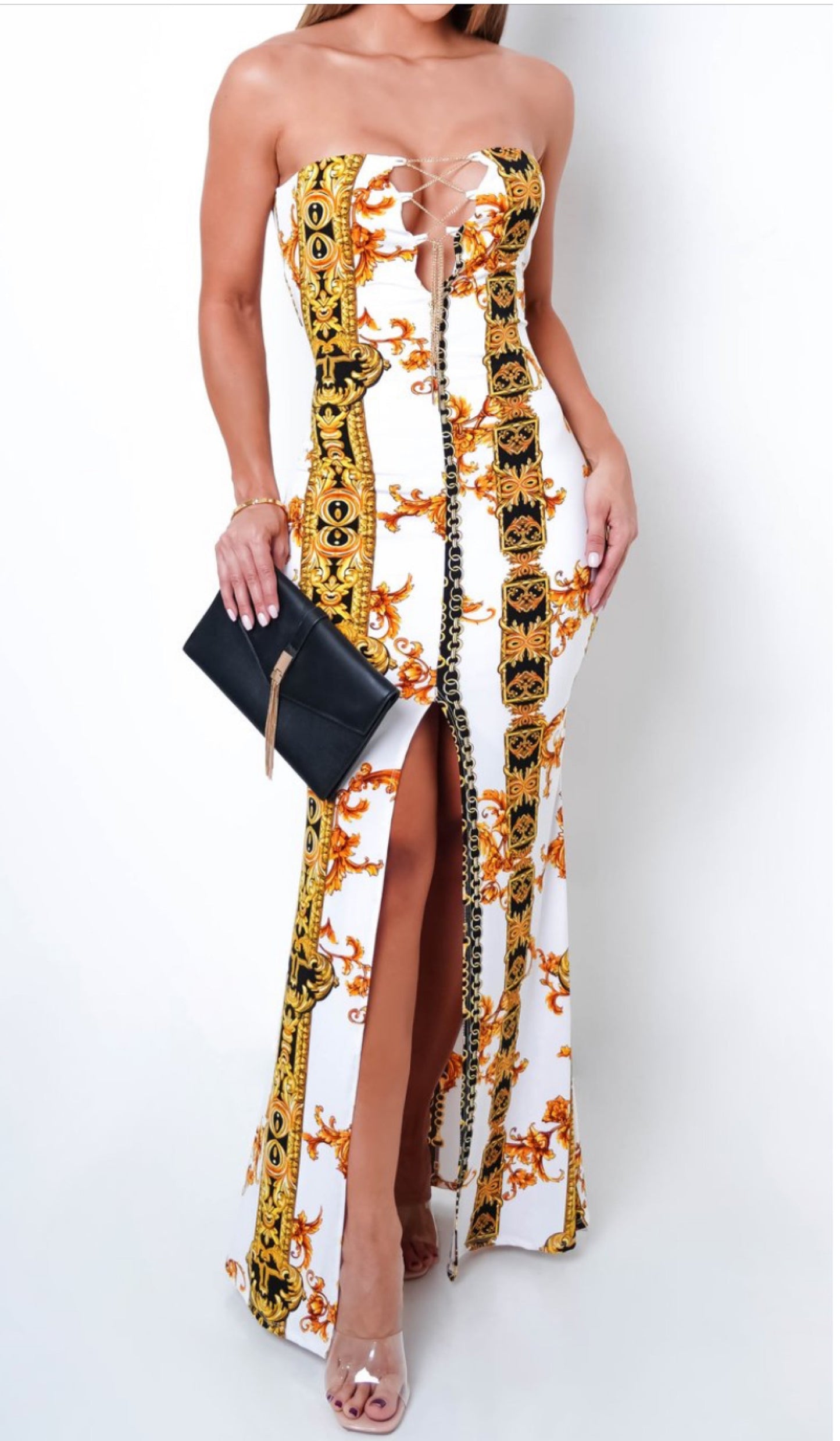 Strapless Multi-Print Gold Chain Embellished Maxi Dress