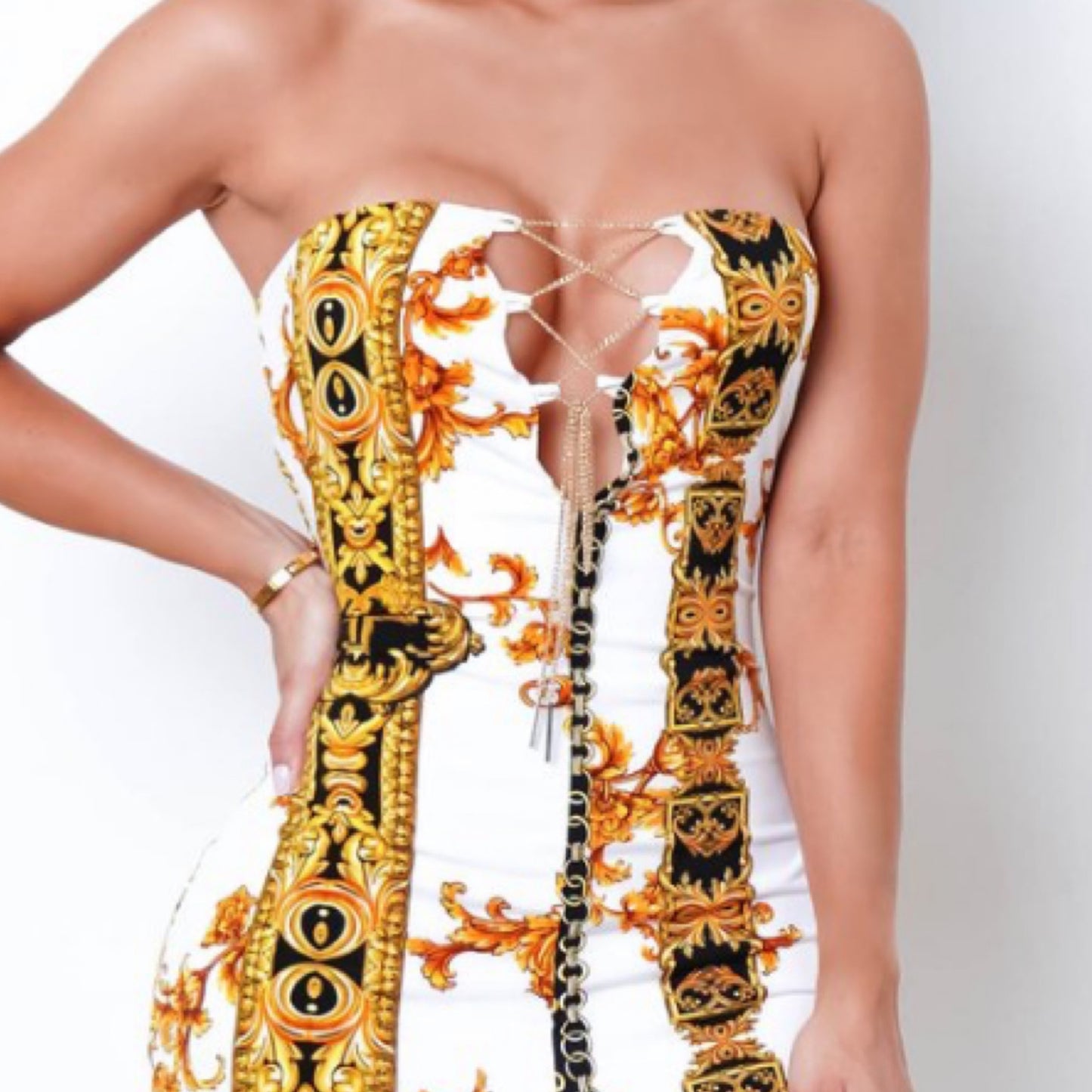 Strapless Multi-Print Gold Chain Embellished Maxi Dress