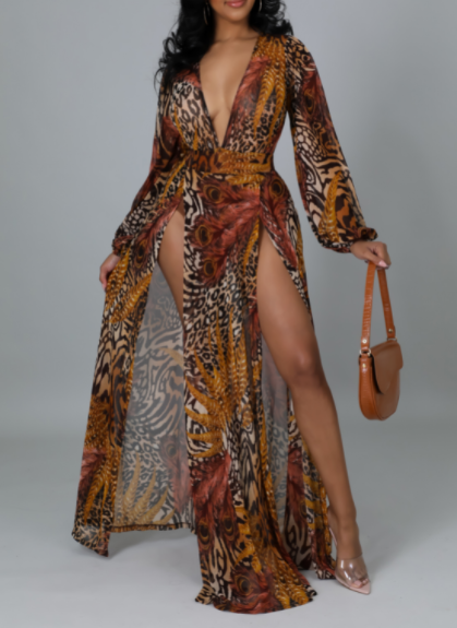 Leopard Print Floor Length High Slit Maxi Dress