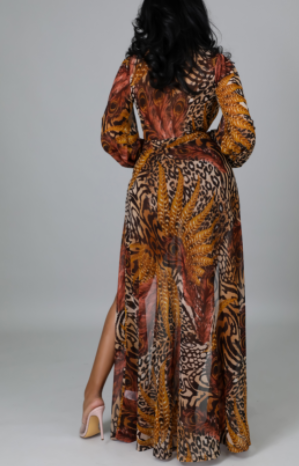 Leopard Print Floor Length High Slit Maxi Dress