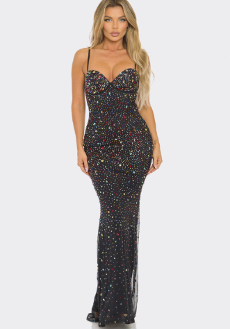 "Va Va Va Voom" - Rainbow Jeweled Floor-Length Maxi Dress