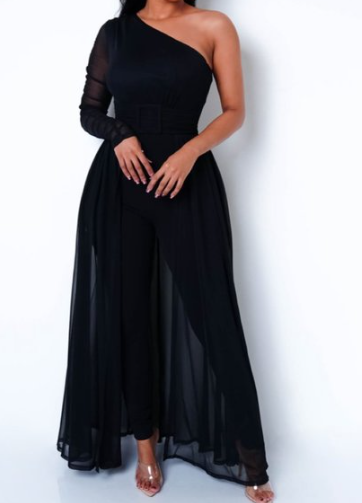 One Shoulder Jumpsuit With Floor Length Sheer Train