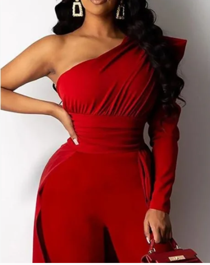 The "Red Haute Luxe" Collection - One Shoulder Jumpsuit With Floor Length Train