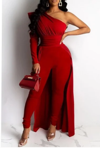 The "Red Haute Luxe" Collection - One Shoulder Jumpsuit With Floor Length Train