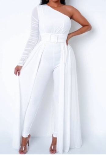 One Shoulder Jumpsuit With Floor Length Sheer Train