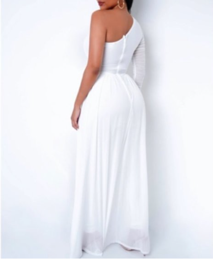 One Shoulder Jumpsuit With Floor Length Sheer Train