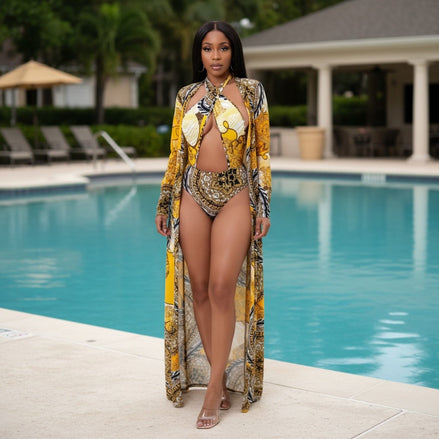 Opulence - Multi-Print Monokini Swimsuit With Matching Floor Length Sheer Cover