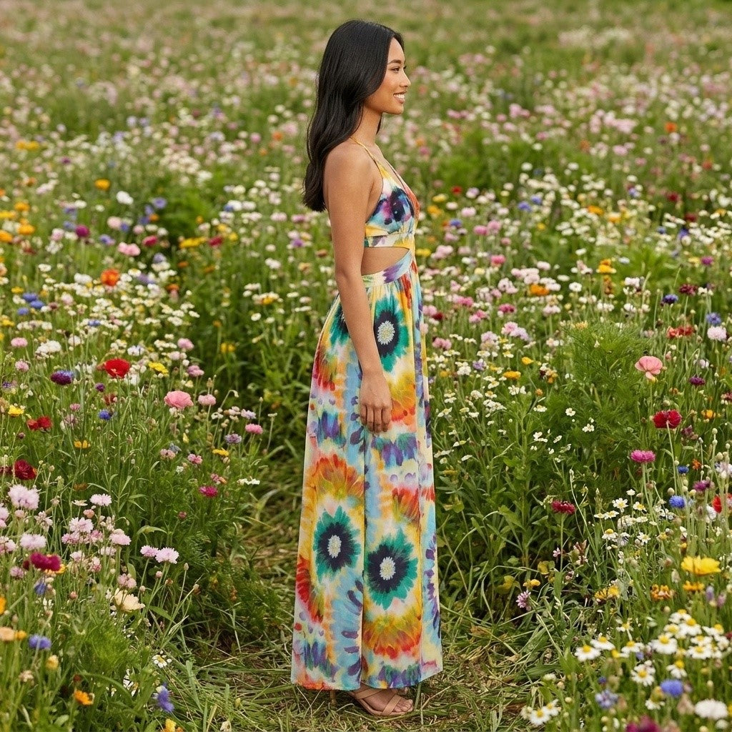 Peace & Love - Multi Color Tie-dye Side Cut-Out Spaghetti Strap Maxi Dress