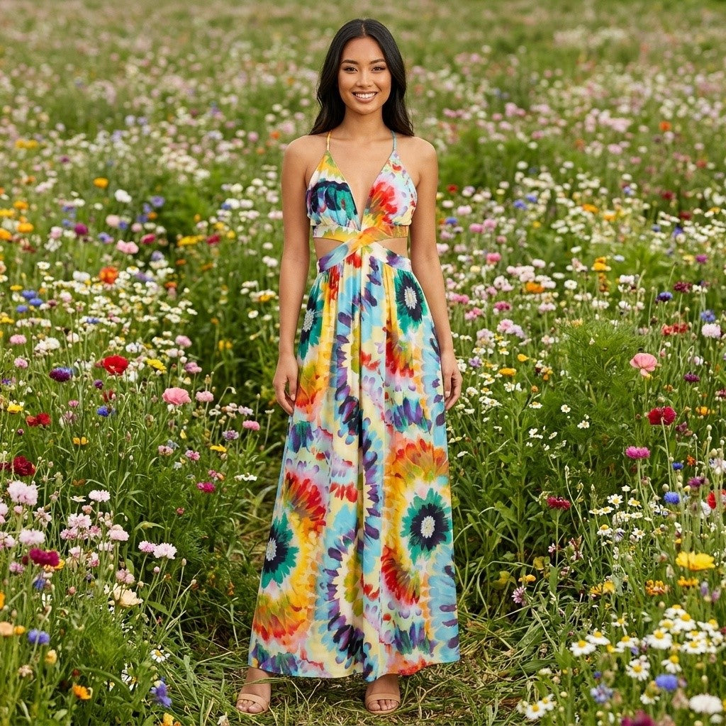 Peace & Love - Multi Color Tie-dye Side Cut-Out Spaghetti Strap Maxi Dress