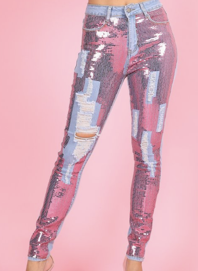 The "Dazzling Denim" Collection - Sequin Distressed Denim Jeans (B'Luxe Clothing Boutique Favorite!)