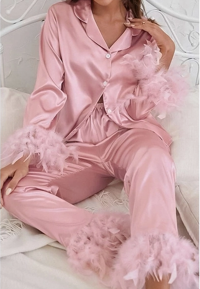 The Feather Luxe Collection - Feather Trimmed Satin Pajama Set