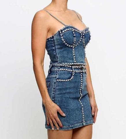 The Dazzling Denim Collection - Rhinestone Trimmed Denim Mini Skirt Set