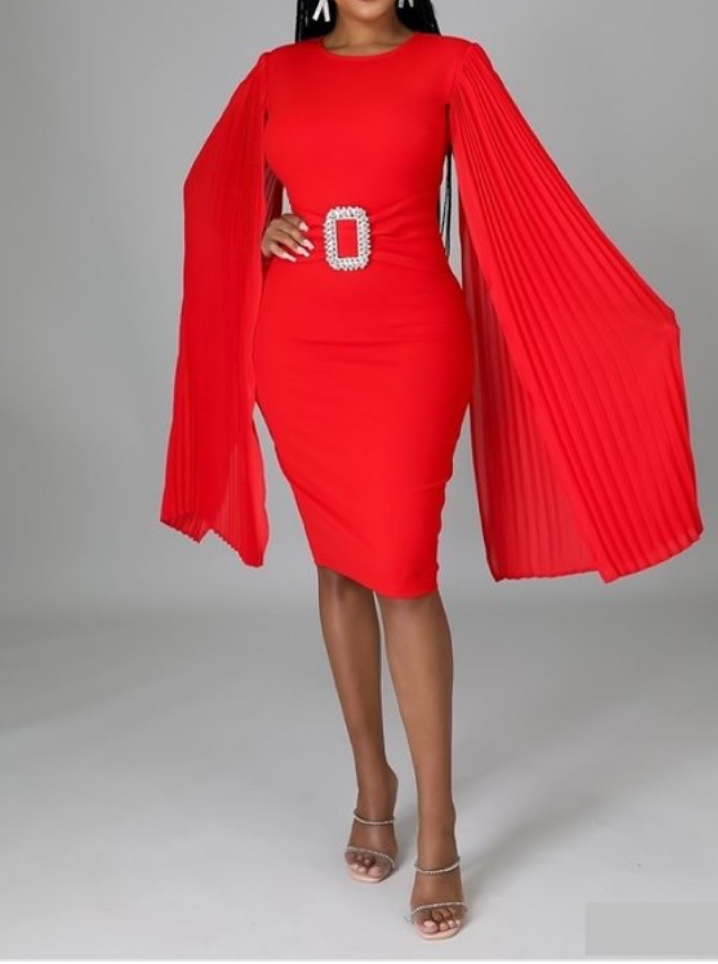 The "Red Haute Luxe" Collection - Cape Sleeve Midi Dress With Rhinestone Belt