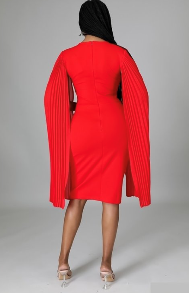 The "Red Haute Luxe" Collection - Cape Sleeve Midi Dress With Rhinestone Belt