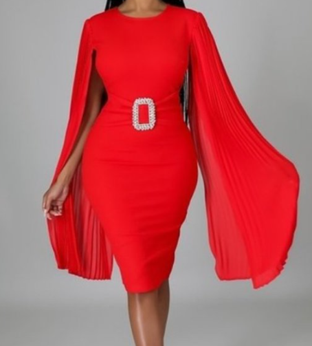 The "Red Haute Luxe" Collection - Cape Sleeve Midi Dress With Rhinestone Belt