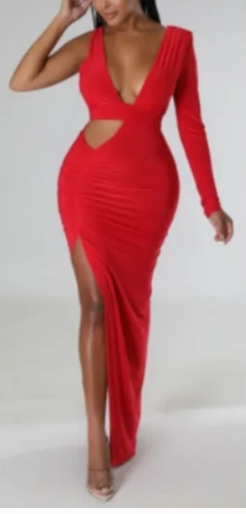 The "Red Haute Luxe" Collection - One Sleeve Cut-Out Maxi Dress