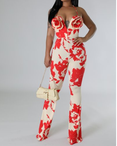 "In Bloom" - Floral Printed Jumpsuit With Floral Embellishments (B'Luxe Clothing Boutique Favorite!)