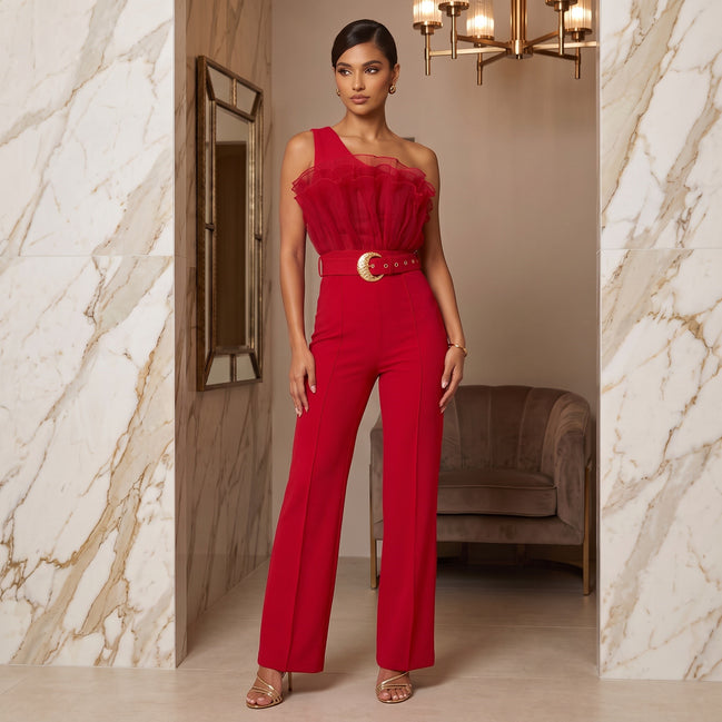 Top Tier - One Shoulder Ruffle Embellished Jumpsuit With Gold Belt