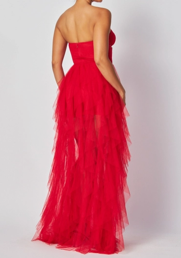 Robe longue en tulle bustier à effet cascade sans bretelles