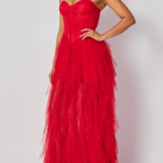 Robe longue en tulle bustier à effet cascade sans bretelles