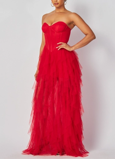 Robe longue en tulle bustier à effet cascade sans bretelles
