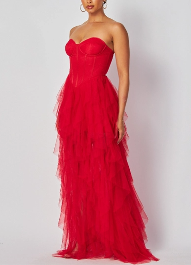 Robe longue en tulle bustier à effet cascade sans bretelles
