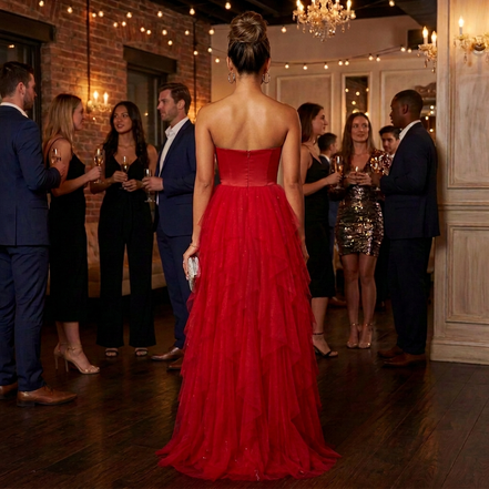 Vestido largo de tul con corsé sin tirantes y cascada hasta el suelo
