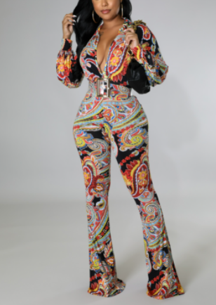 Paisley Print High Waist Bell Bottom Jumpsuit (Clear Gold Buckle Belt Included) (B'Luxe Clothing Boutique Favorite!)