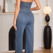 Mono vaquero sin tirantes con adornos de diamantes de imitación (azul oscuro medio)