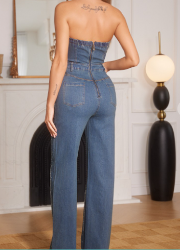 Mono vaquero sin tirantes con adornos de diamantes de imitación (azul oscuro medio)